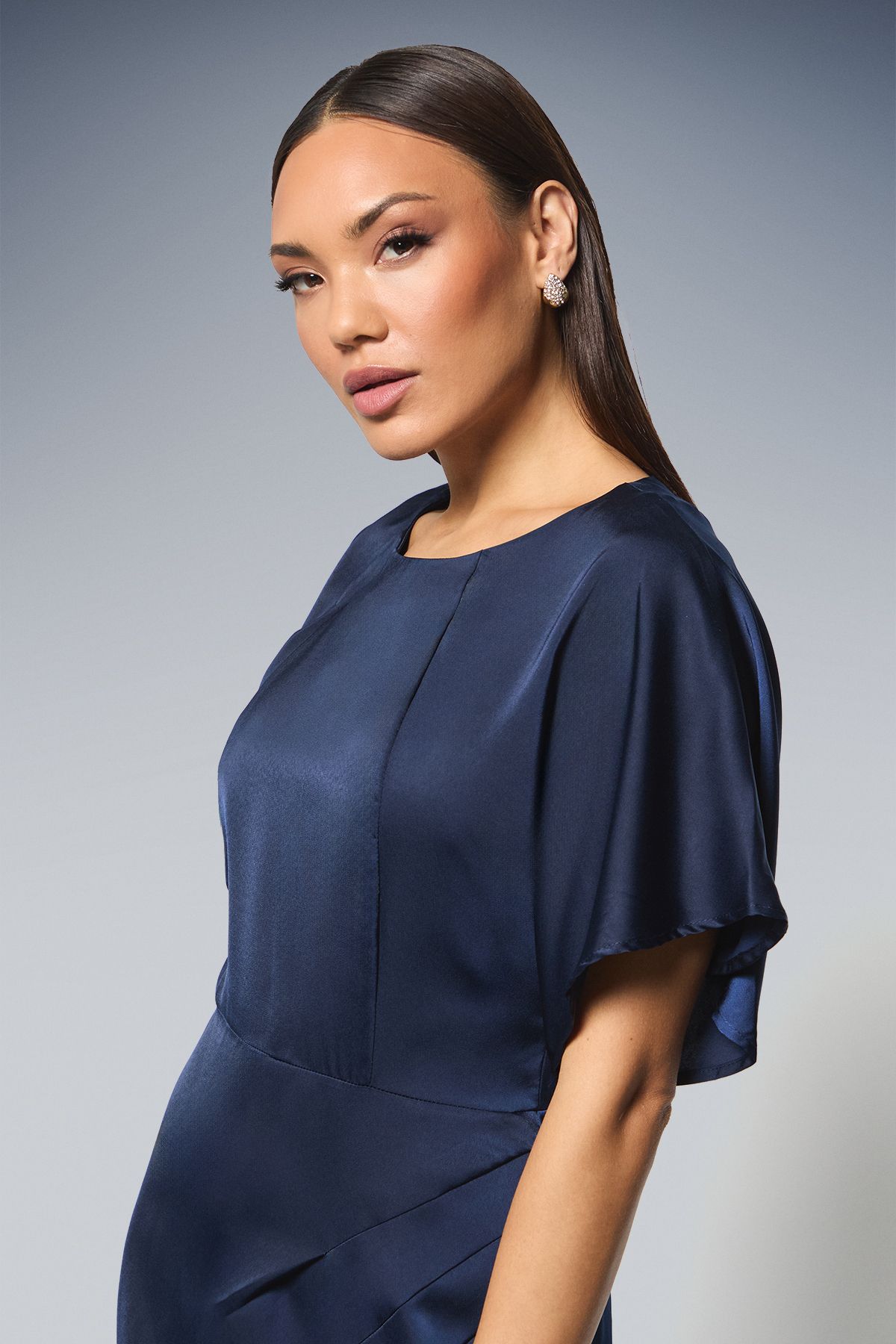 Principles Flutter Sleeve Pleat Detail Satin Midi Dress Navy image 4