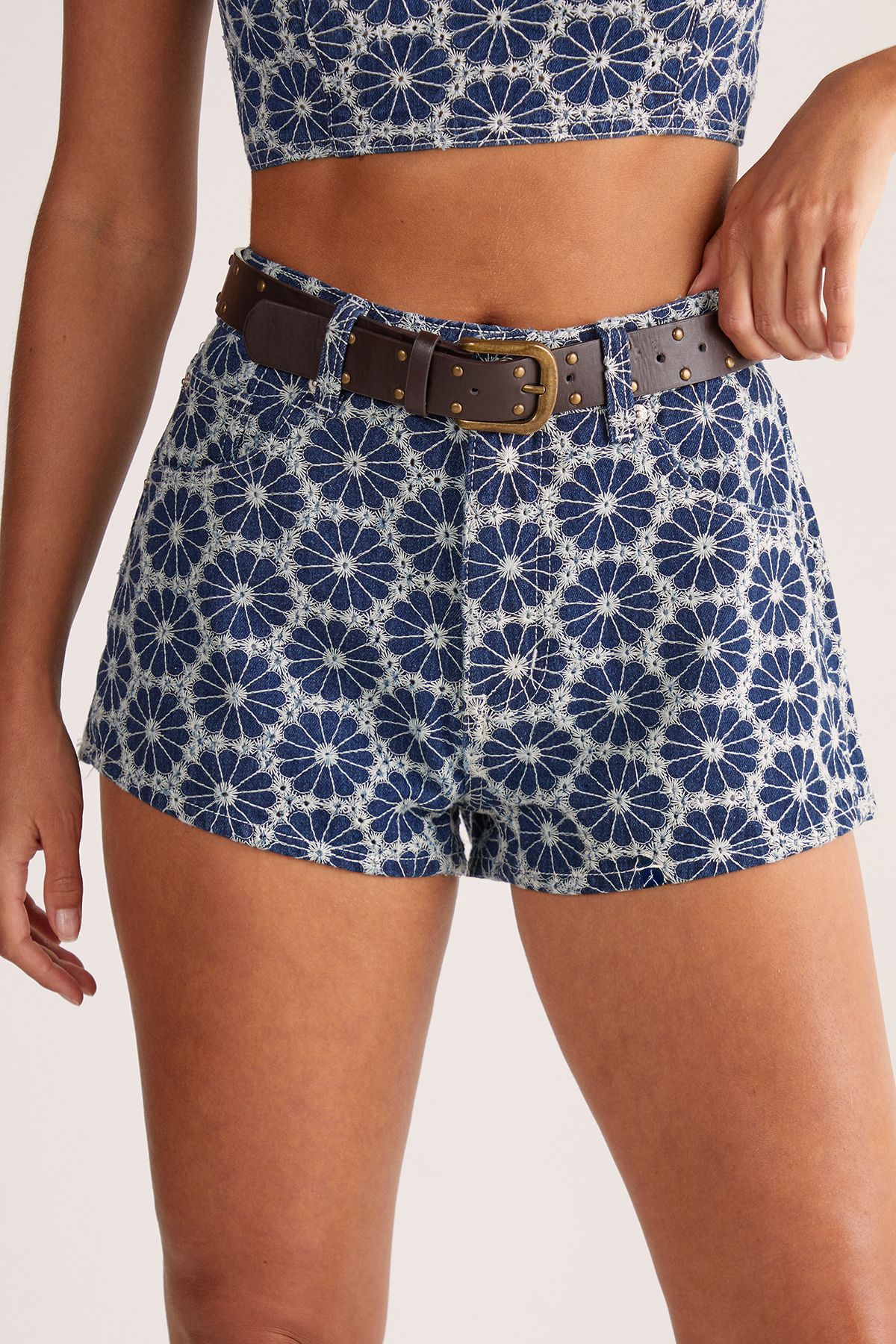 NastyGal Floral Embroidered Denim Short Dark Wash