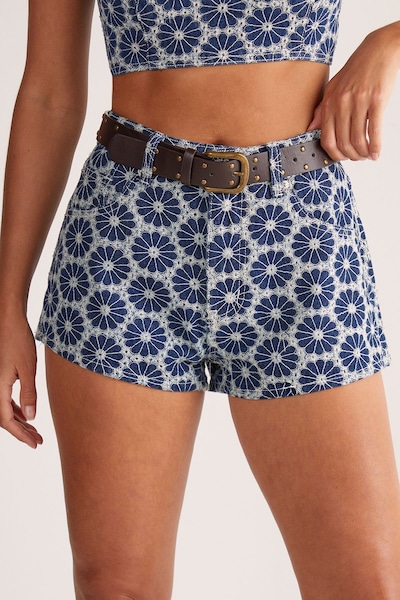 NastyGal Floral Embroidered Denim Short Dark Wash