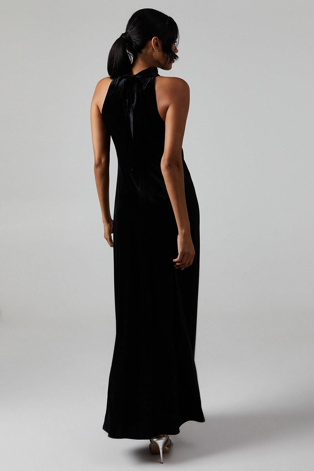 Oasis Oasis By Coast Velvet Halter Bias Cut Maxi Bridesmaid Dress Black image 3