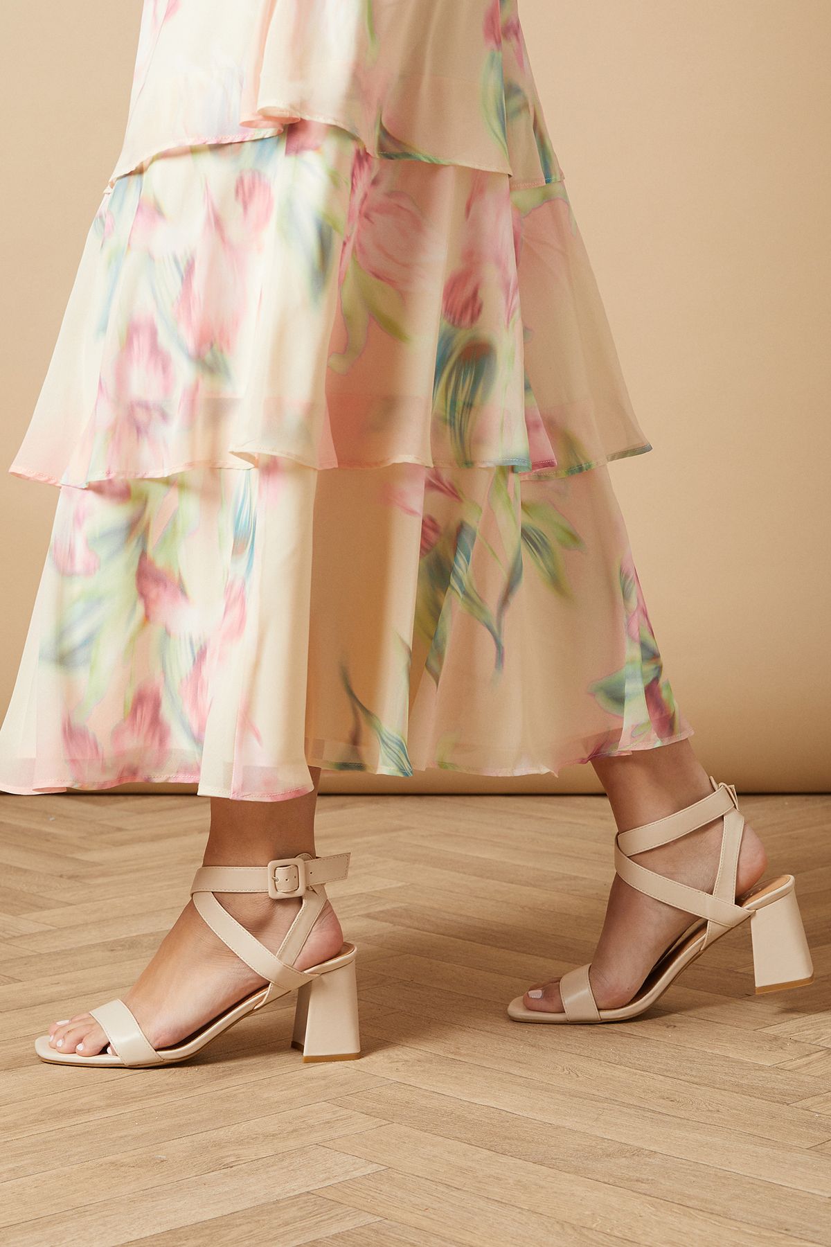 Oasis Millie Covered Buckle Medium Block Heeled Sandals Beige