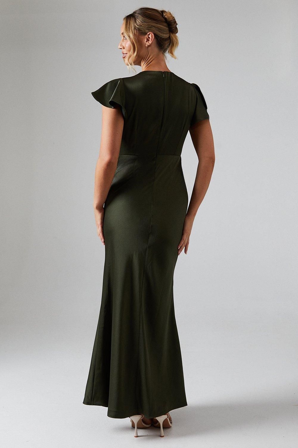 Oasis Button Detail V Neck Satin Bridesmaid Midaxi Dress Olive image 3