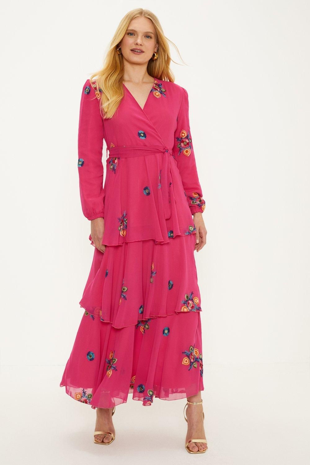 Oasis Embroidered Tiered Ruffle Wrap Midi Dress Pink image 1