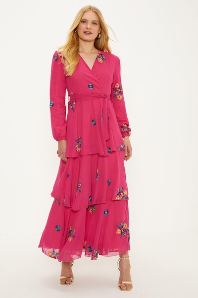 Oasis Embroidered Tiered Ruffle Wrap Midi Dress Pink
