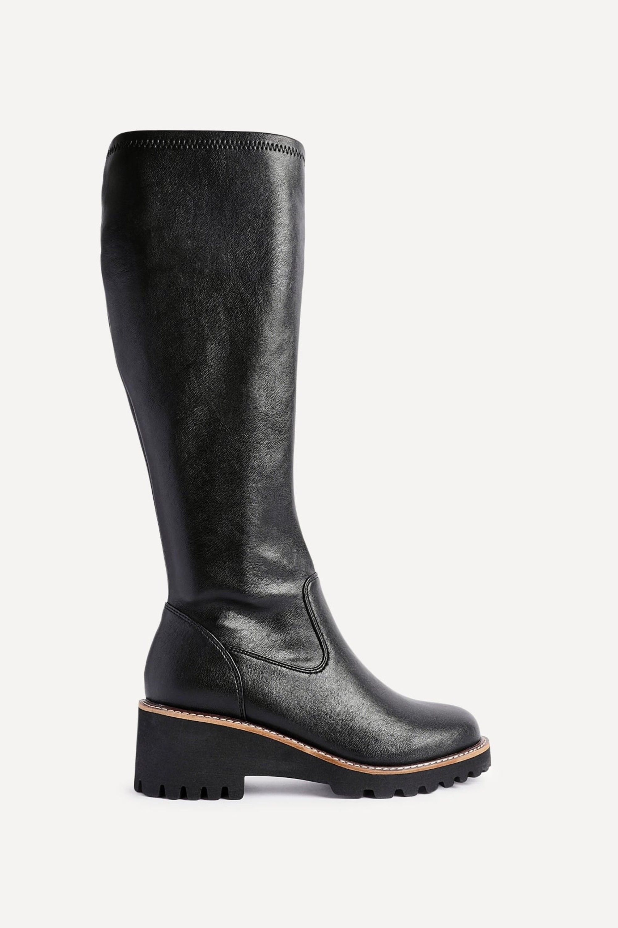 Linzi Resist Black Faux Leather Stretch Wedge High Leg Boot