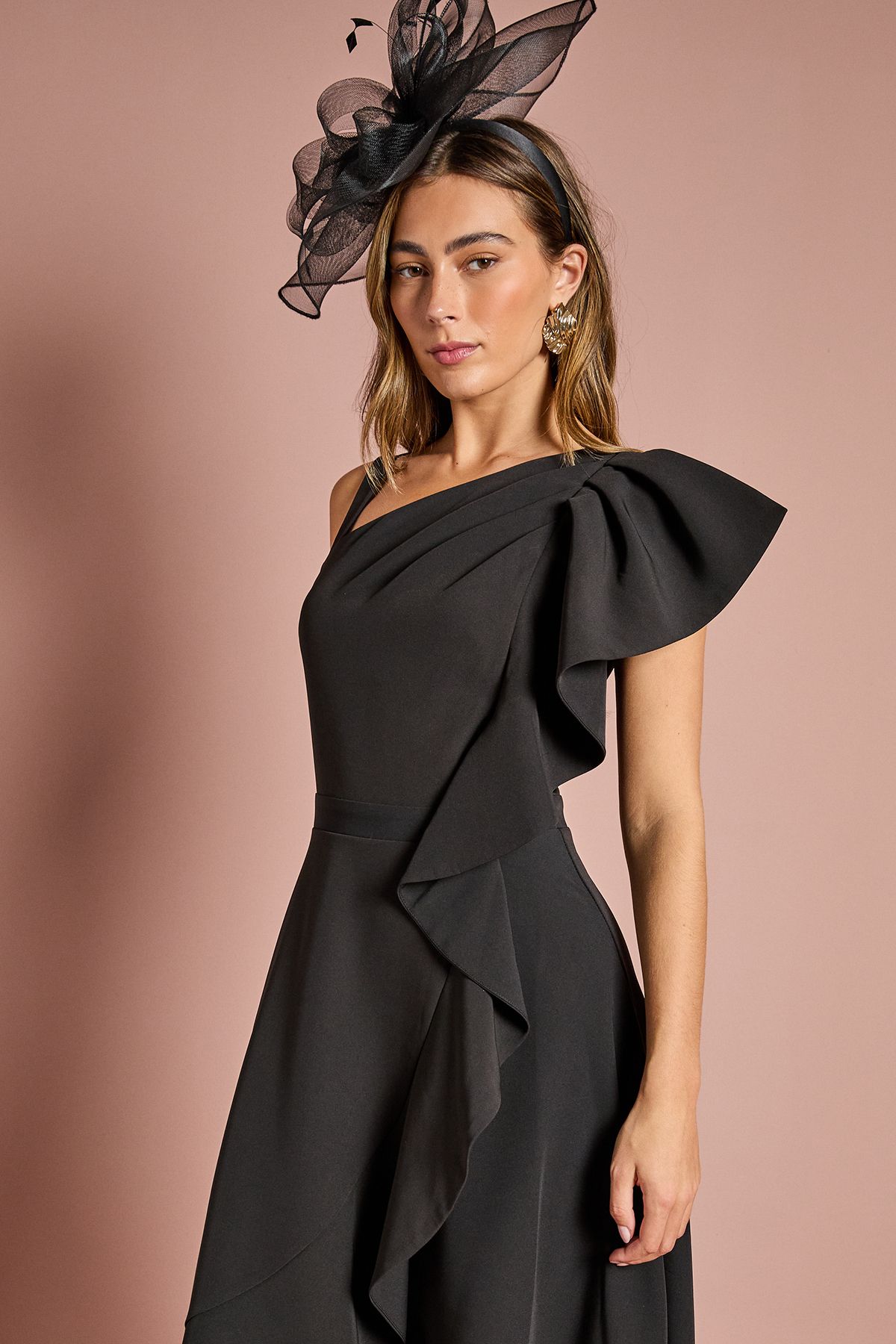 Coast One Shoulder Crepe Ruffle Midi Dress Black image 2