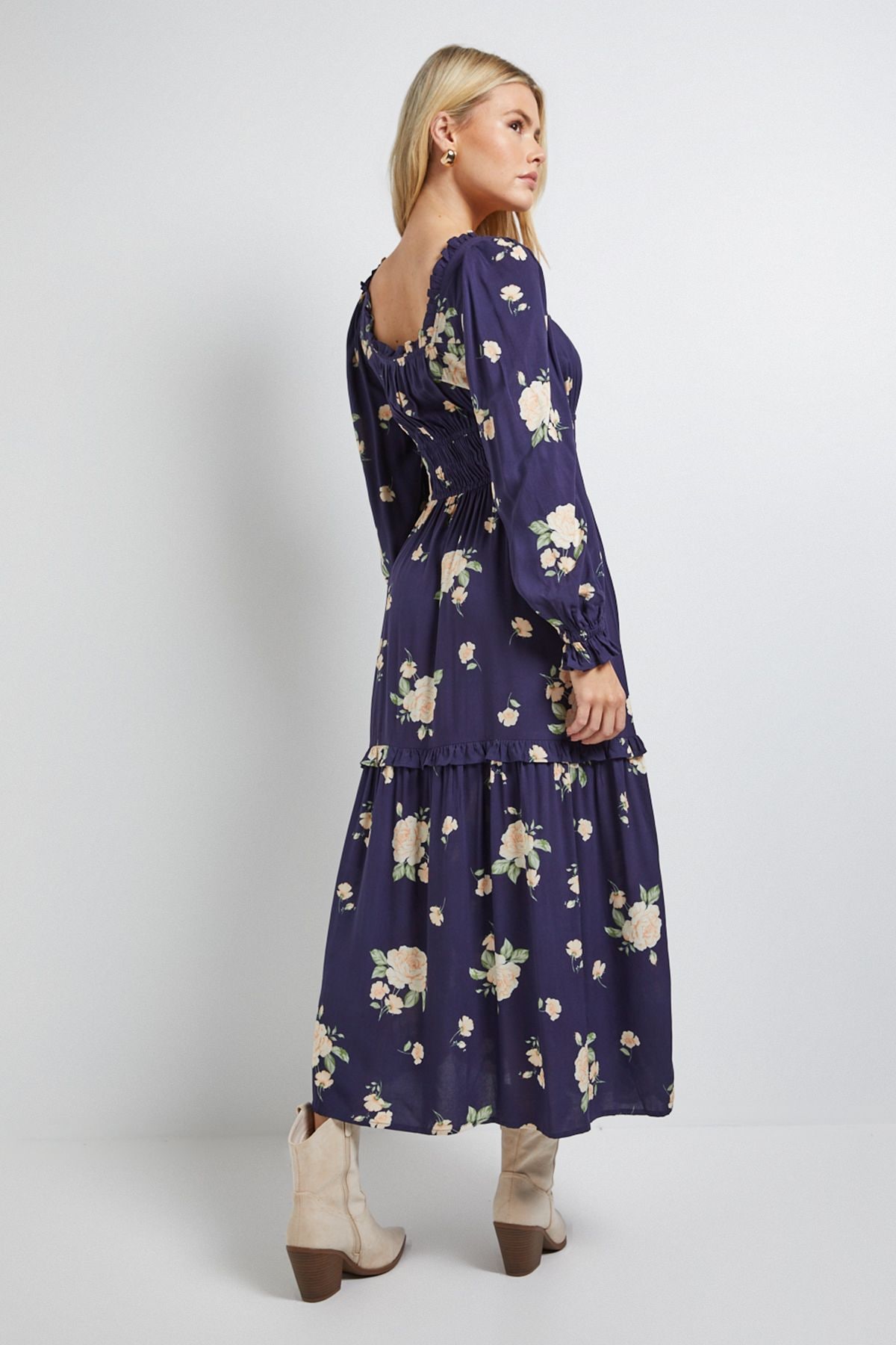 Dorothy Perkins Navy Floral Square Neck Blouson Sleeve Tiered Maxi Dress Navy image 3