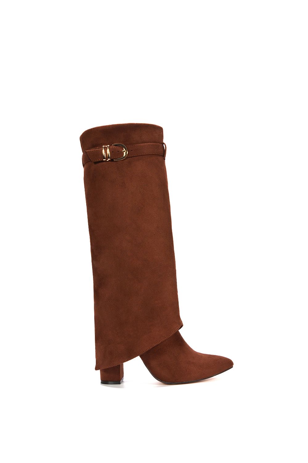 XY London 'Aaliyah' Fold Over Boots Block Heel Buckle Point Toe