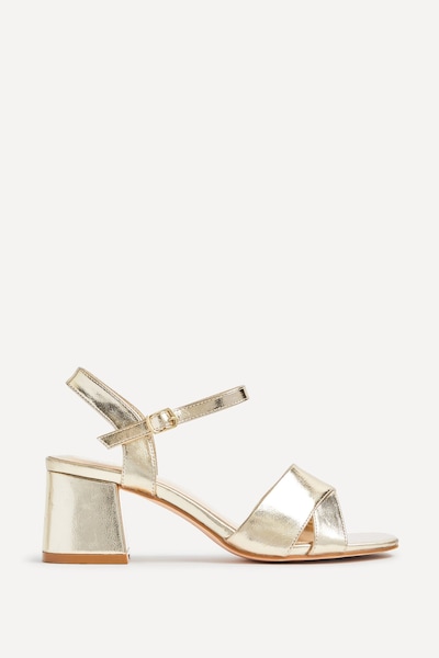 Linzi Vivian Wide Fit Gold Faux Leather Block Heeled Sandals