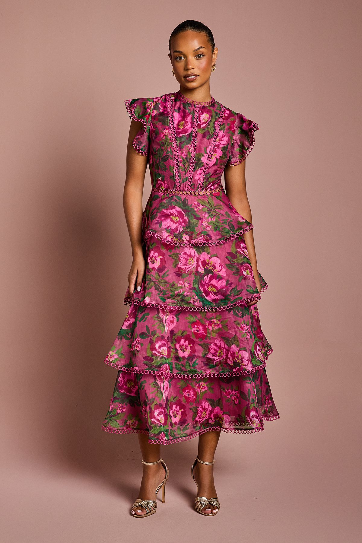 Coast Petite Lace Trim Tiered Organza Midi Dress Blush image 1