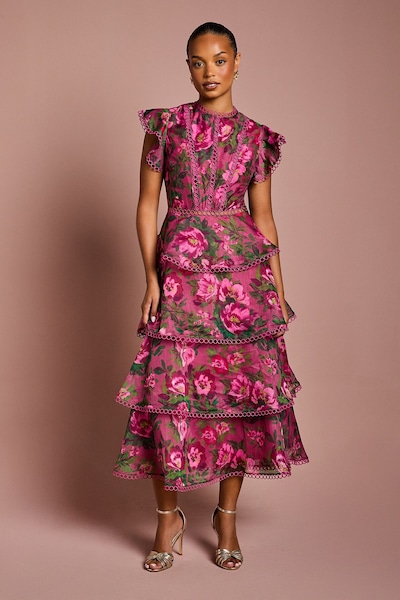 Coast Petite Lace Trim Tiered Organza Midi Dress Blush