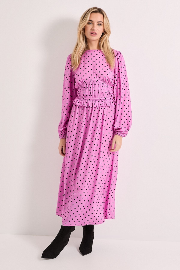 Dorothy Perkins Gathered Waist Detail Blouson Sleeve Printed Midi Dress Purple