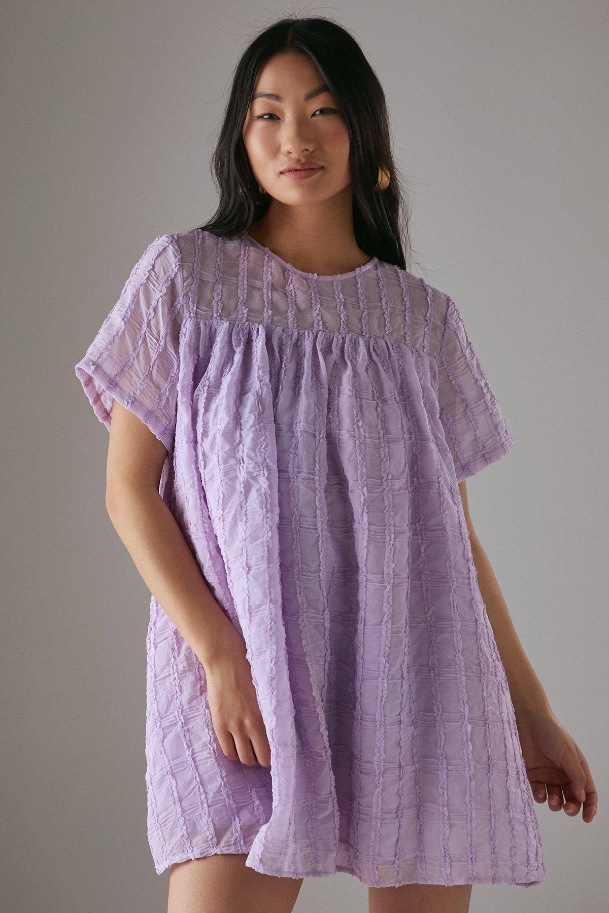 Warehouse Petite Ruffle Organza Babydoll Mini Smock Dress Lilac image 1