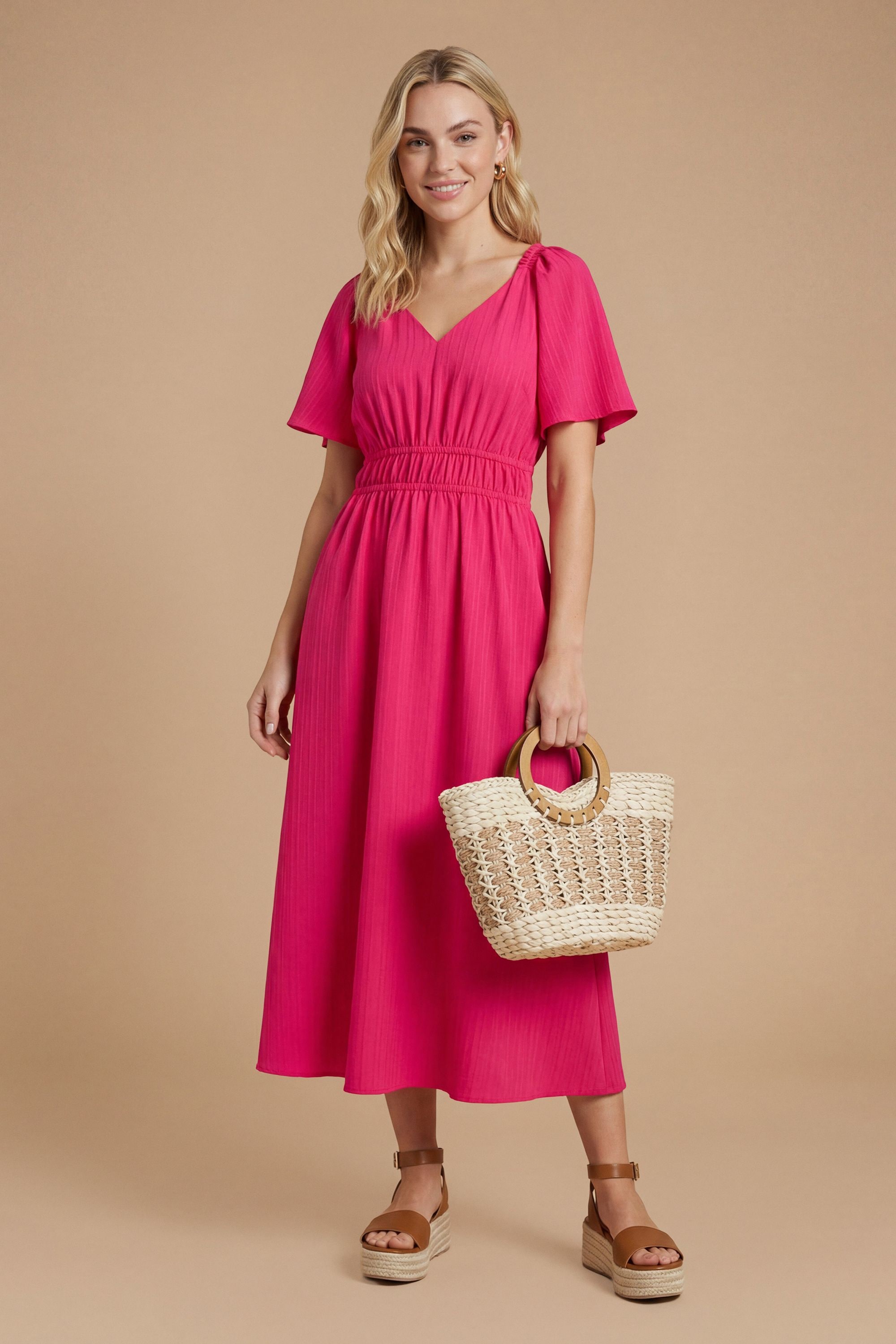 Dorothy Perkins Flutter Sleeve Midi Dress Magenta