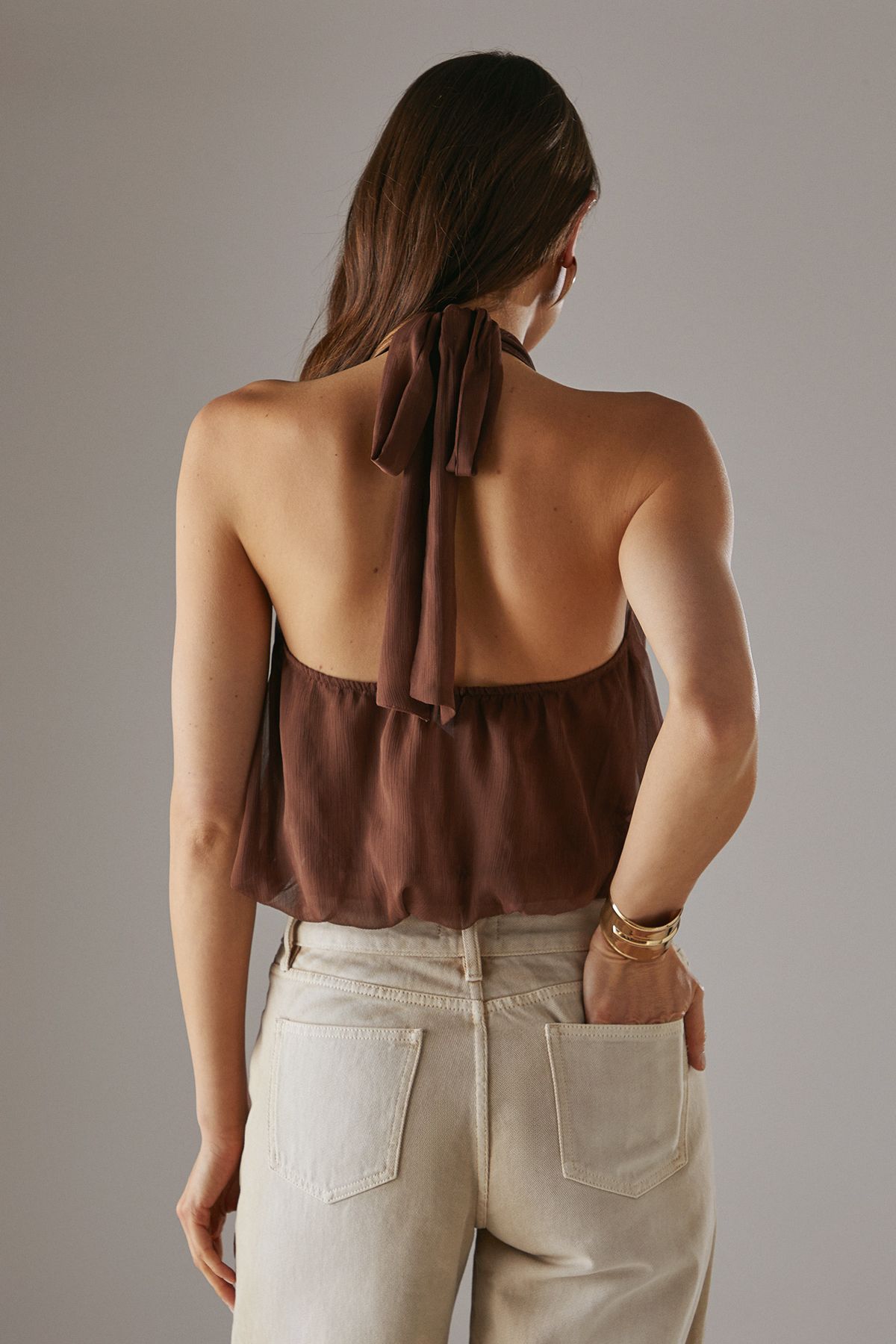 Warehouse Chiffon Halter Bubble Crop Top Chocolate image 3