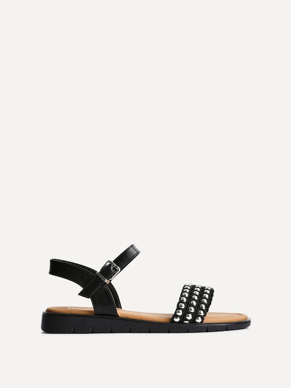 Linzi Electra Black Faux Leather Studded Flat Sandals