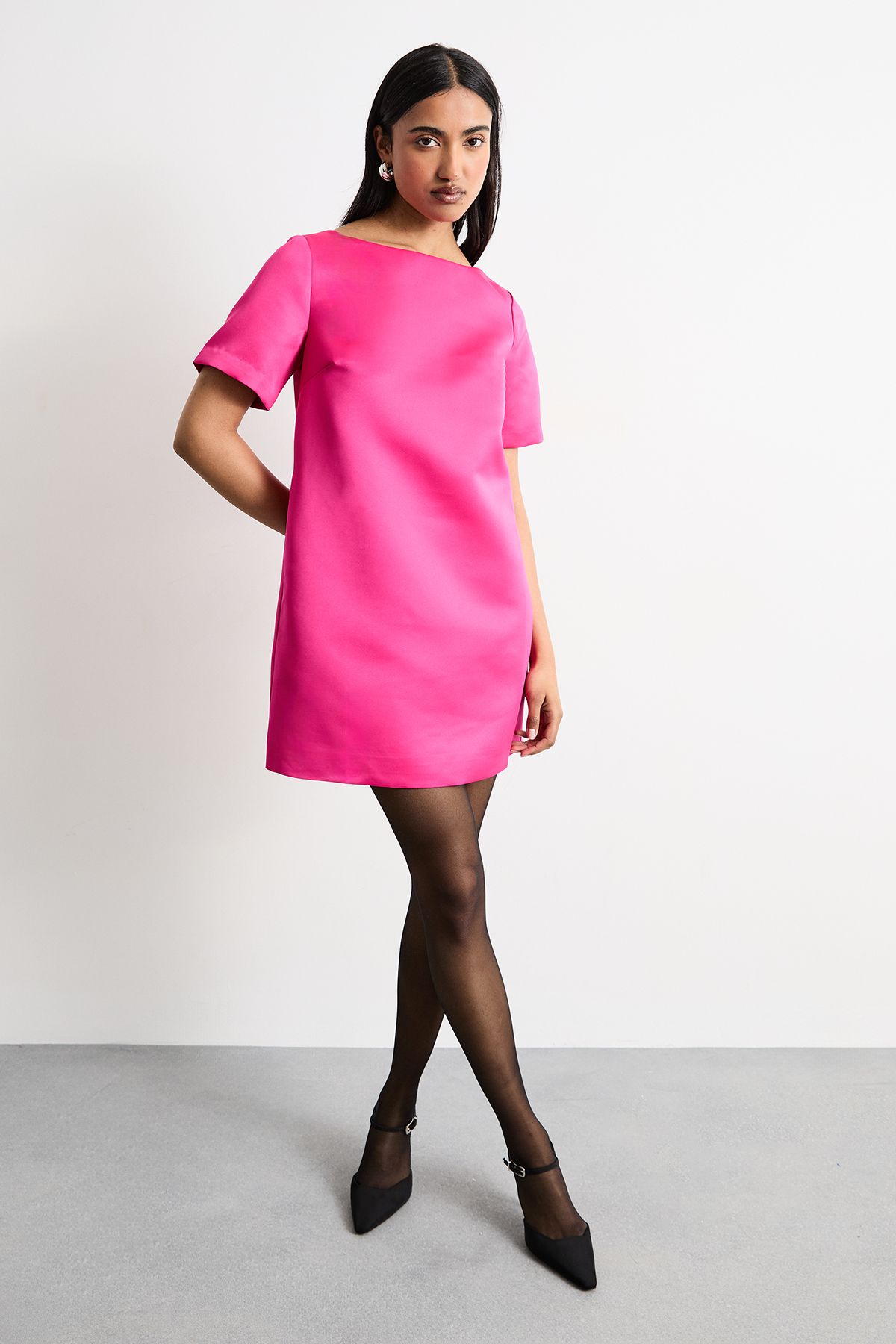 Warehouse Structured Satin Scoop Back Mini Dress Pink image 2