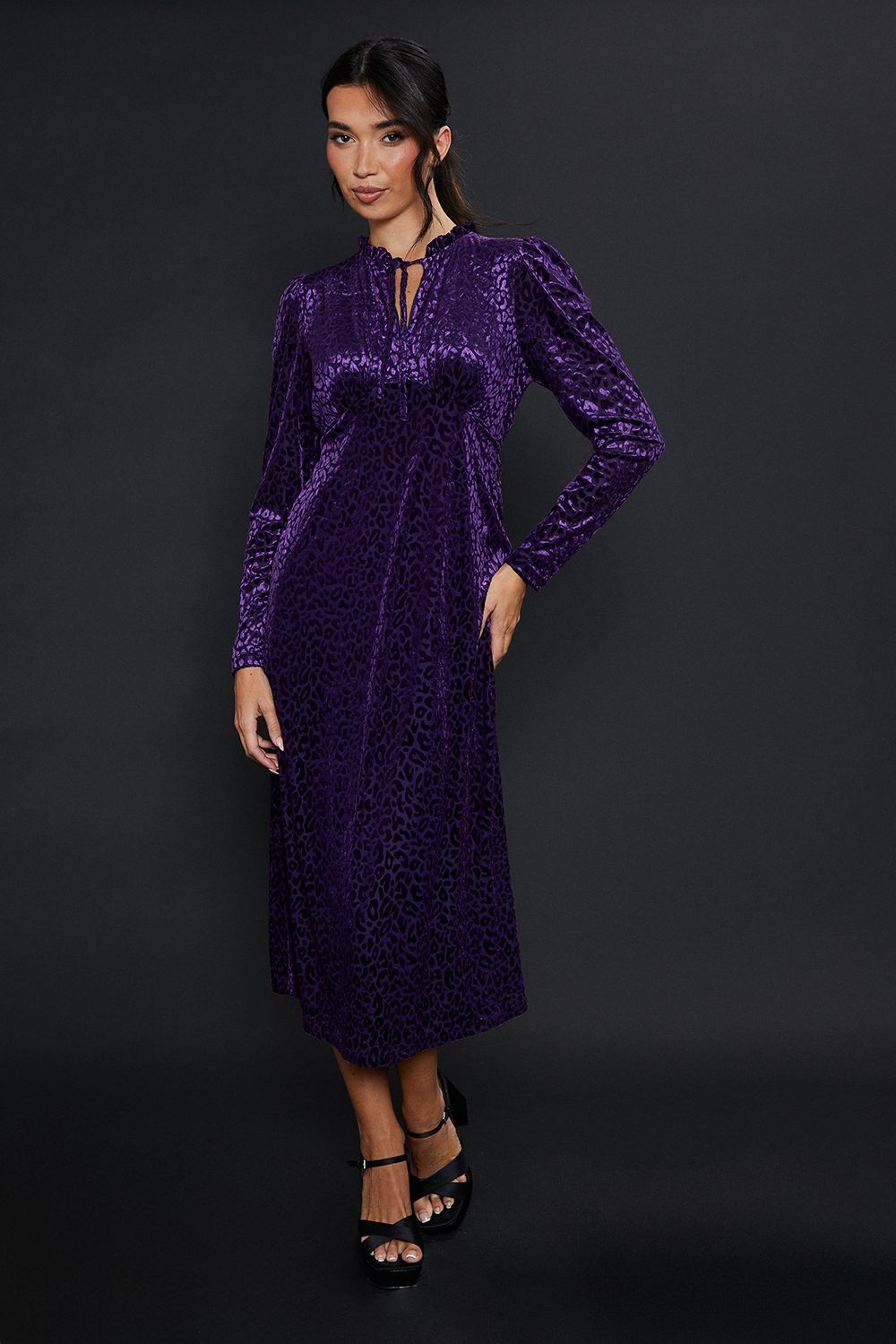 Dorothy Perkins Leopard Burnout Long Sleeve Midi Dress Purple image 1