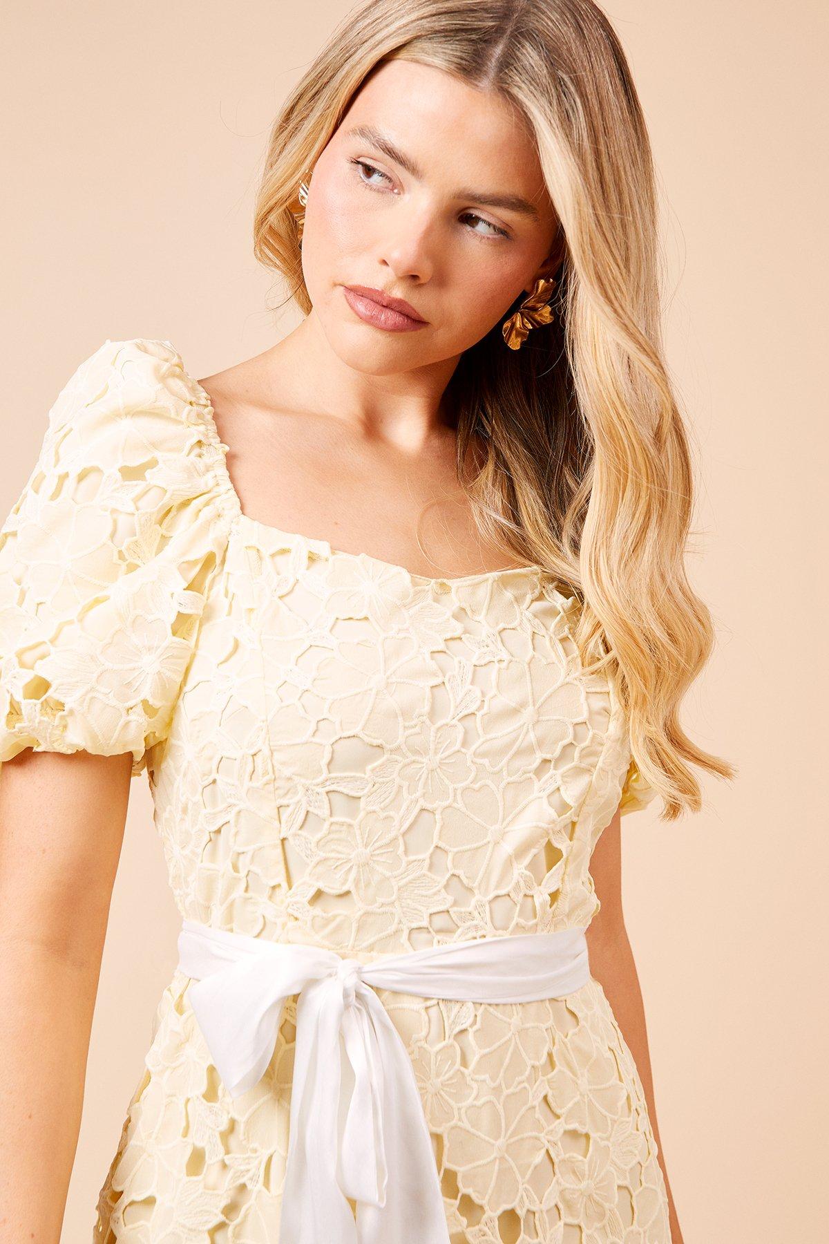 Dorothy Perkins DP Luxe Cut-Work Lace Contrast Belt Midi Dress Lemon image 4