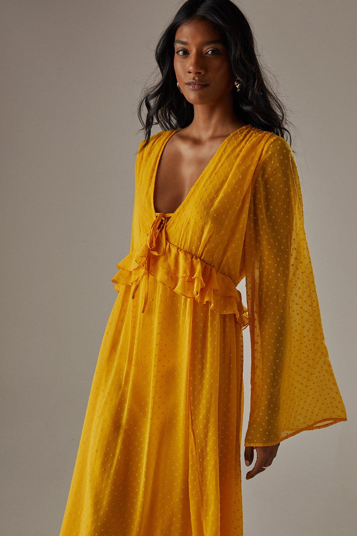 Warehouse Dobby Chiffon Plunge Neck Ruffle Midi Smock Dress Yellow image 2