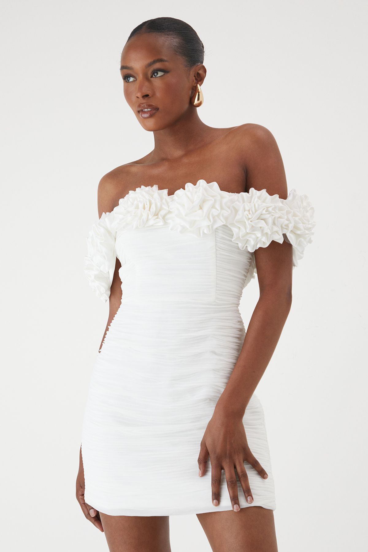 MissPap Premium Ruffle Floral Bardot Mini Dress White image 1