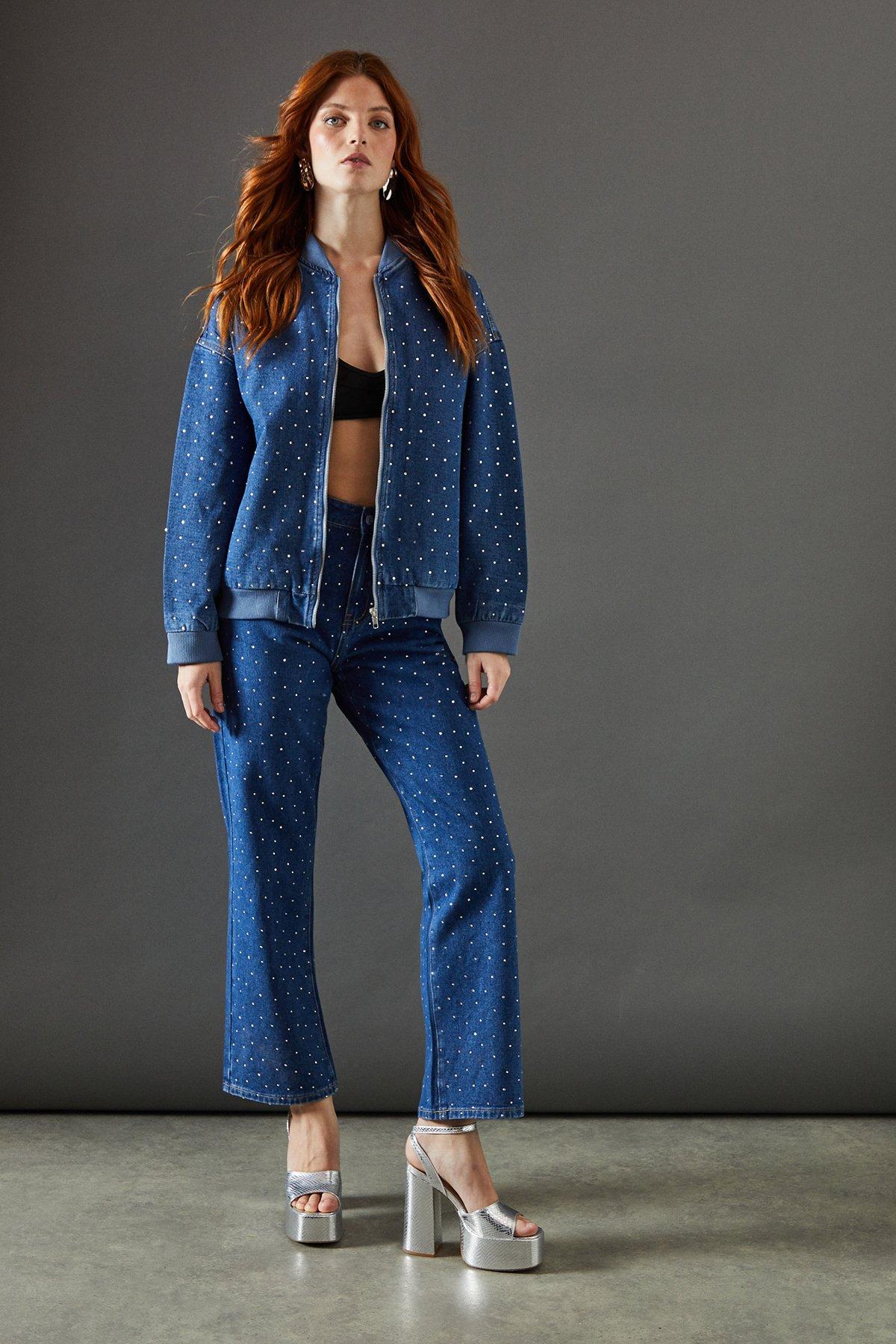 Warehouse Denim All Over Hotfix Bomber Jacket Dark Wash image 2