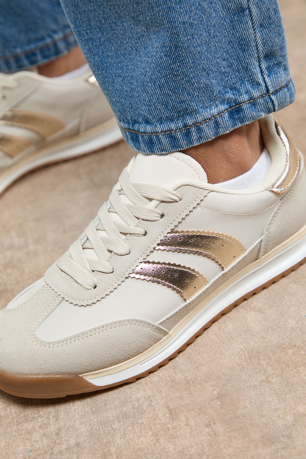 Oasis Clarissa Mixed Material Lace Up Trainers Beige image 3