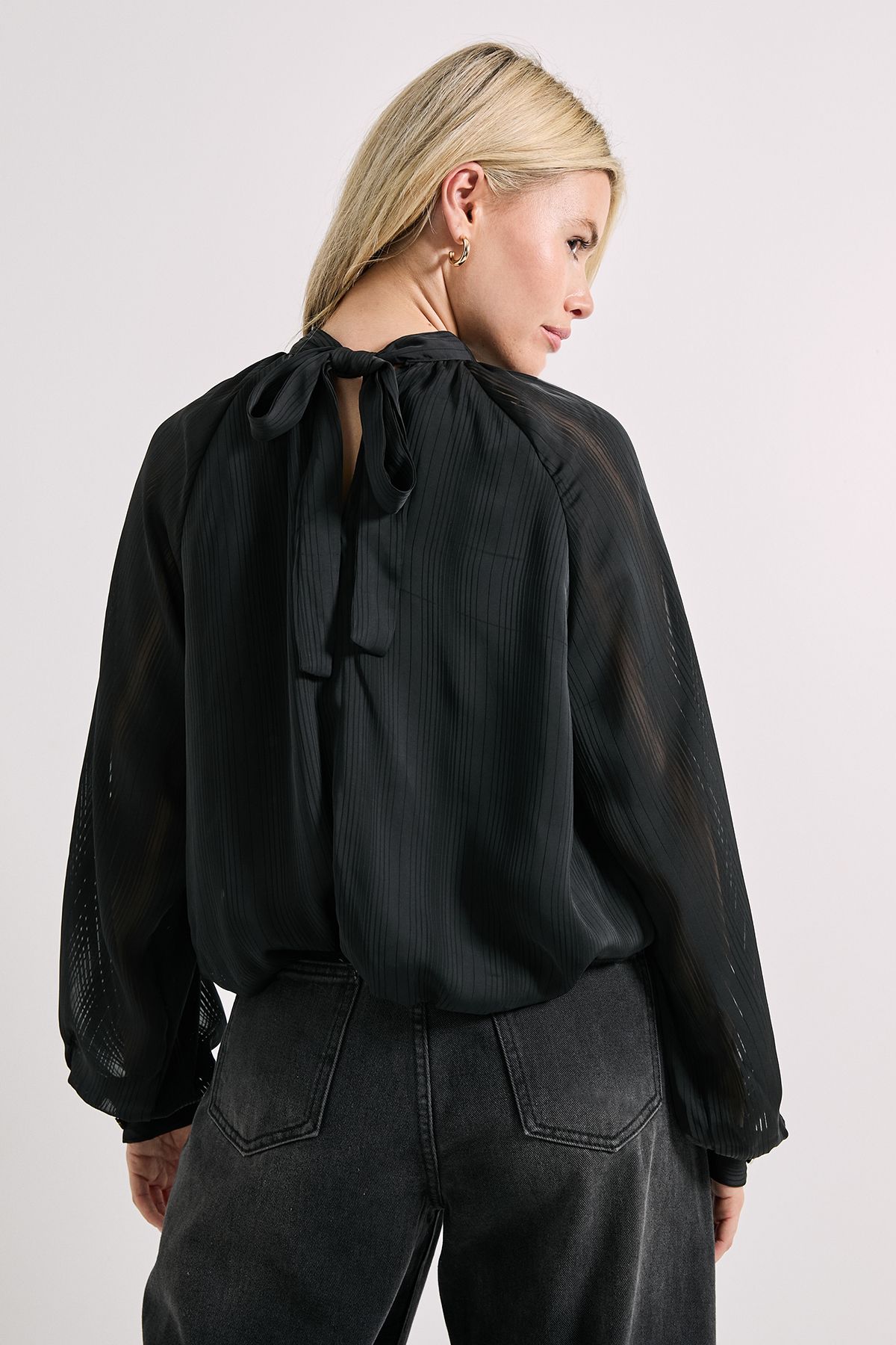 Dorothy Perkins Tie Neck Blouson Sleeve Satin Burnout Blouse Black image 3