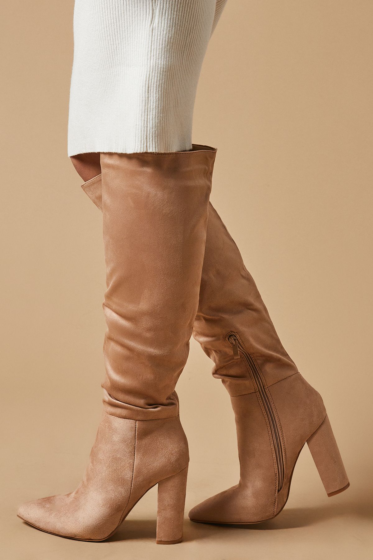 Oasis Kenia Faux Suede High Block Heel Pointed Knee Boot Taupe image 1