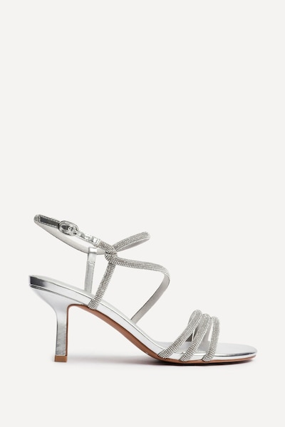 Linzi Charm Silver Faux Leather Strappy Diamante Heeled Sandal