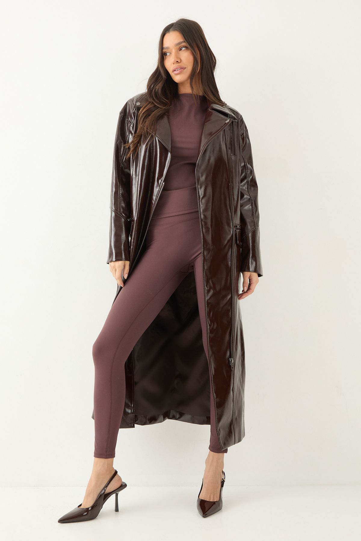 MissPap High Shine High Stiletto Heel Buckle Detail Slingback Court Shoes Brown image 2