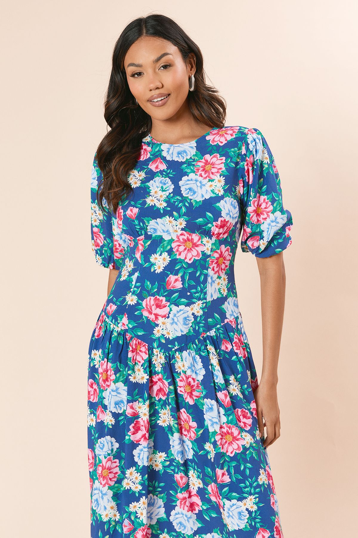 Dorothy Perkins Floral Drop Waist Puff Sleeve Midi Dress Floral image 2