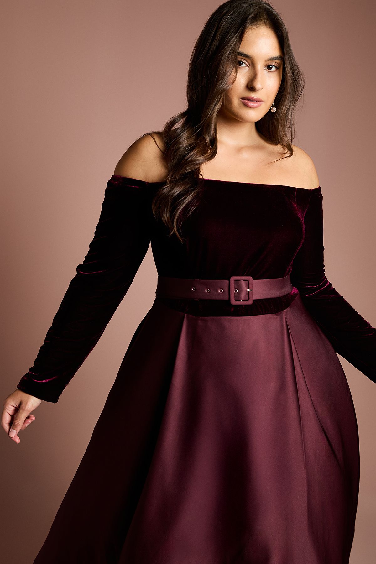 Coast Plus Size Long Sleeve Bardot Full Skirted Midi Dress Wine image 2