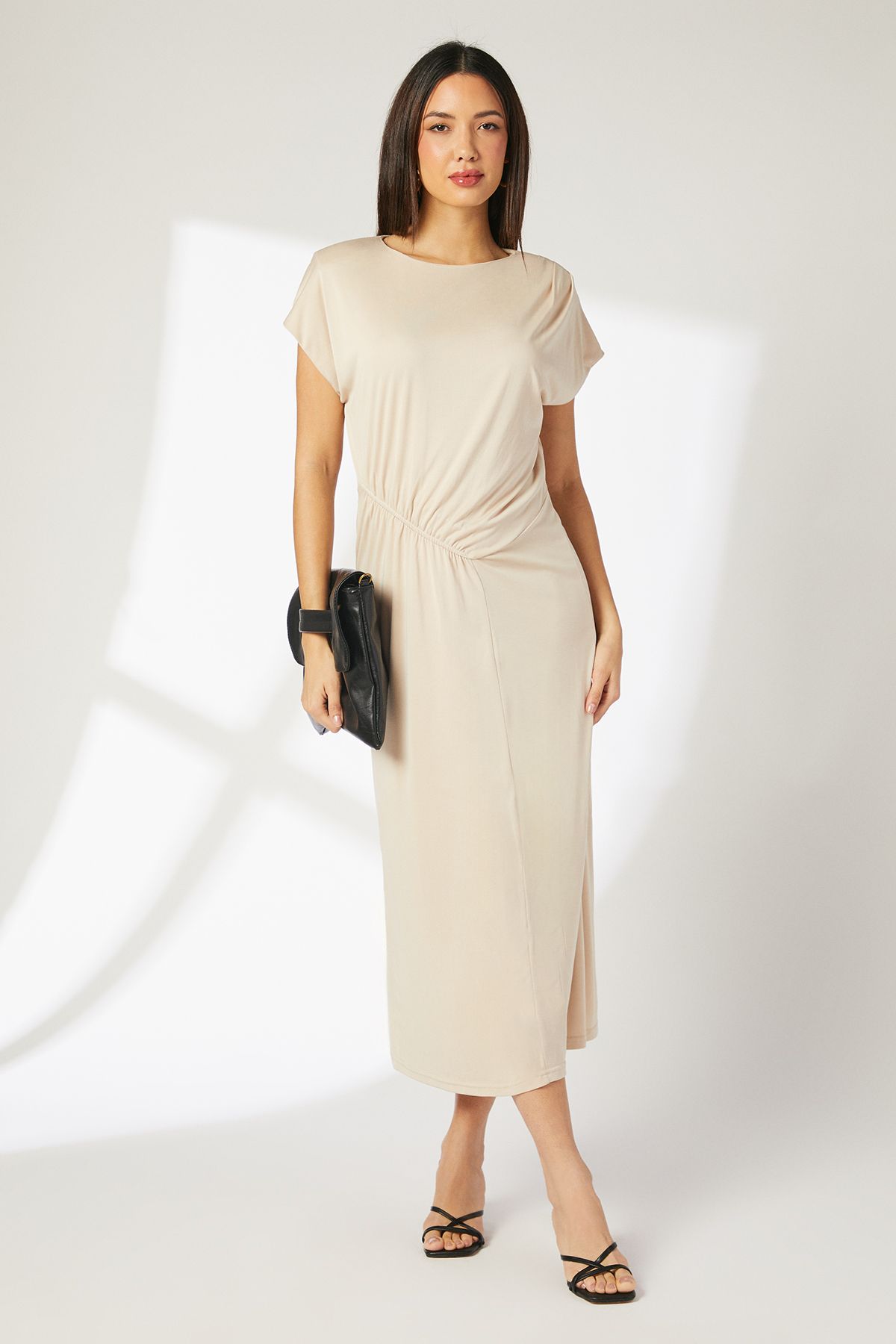 Principles Cupro Jersey Ruched Detail Midi Dress Camel