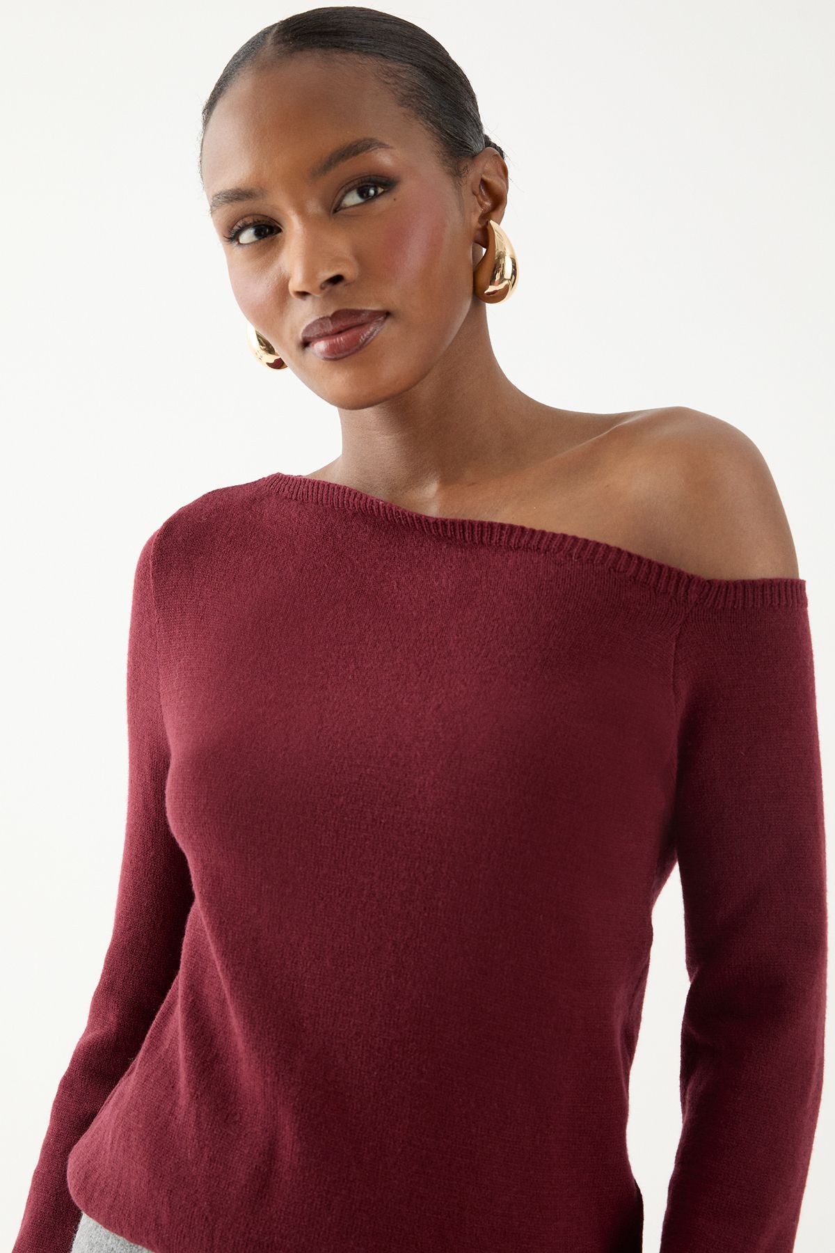 MissPap Knitted Asymmetric Neckline Top Wine image 4