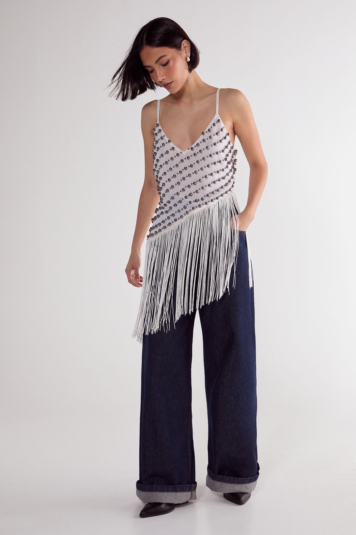 NastyGal Studded Asymmetric Fringed Cami Top White