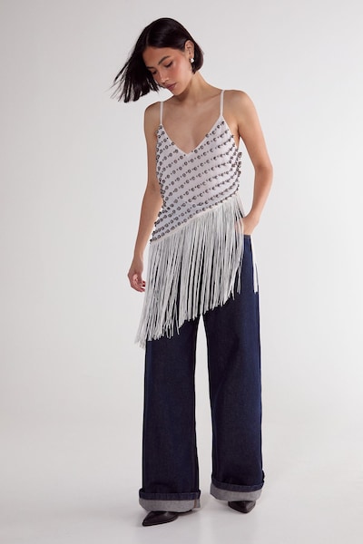 NastyGal Studded Asymmetric Fringed Cami Top White