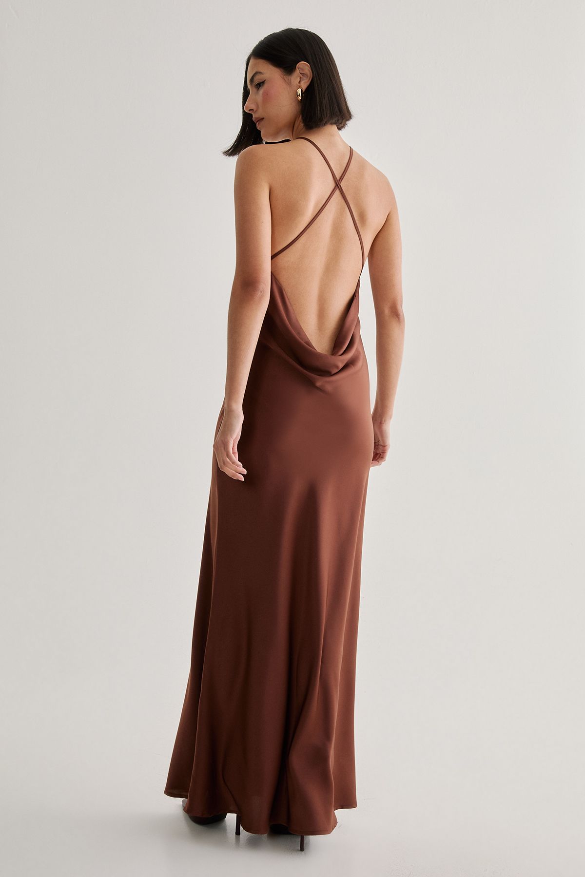 NastyGal Satin Halter Neck Cowl Back Maxi Dress Chocolate image 4