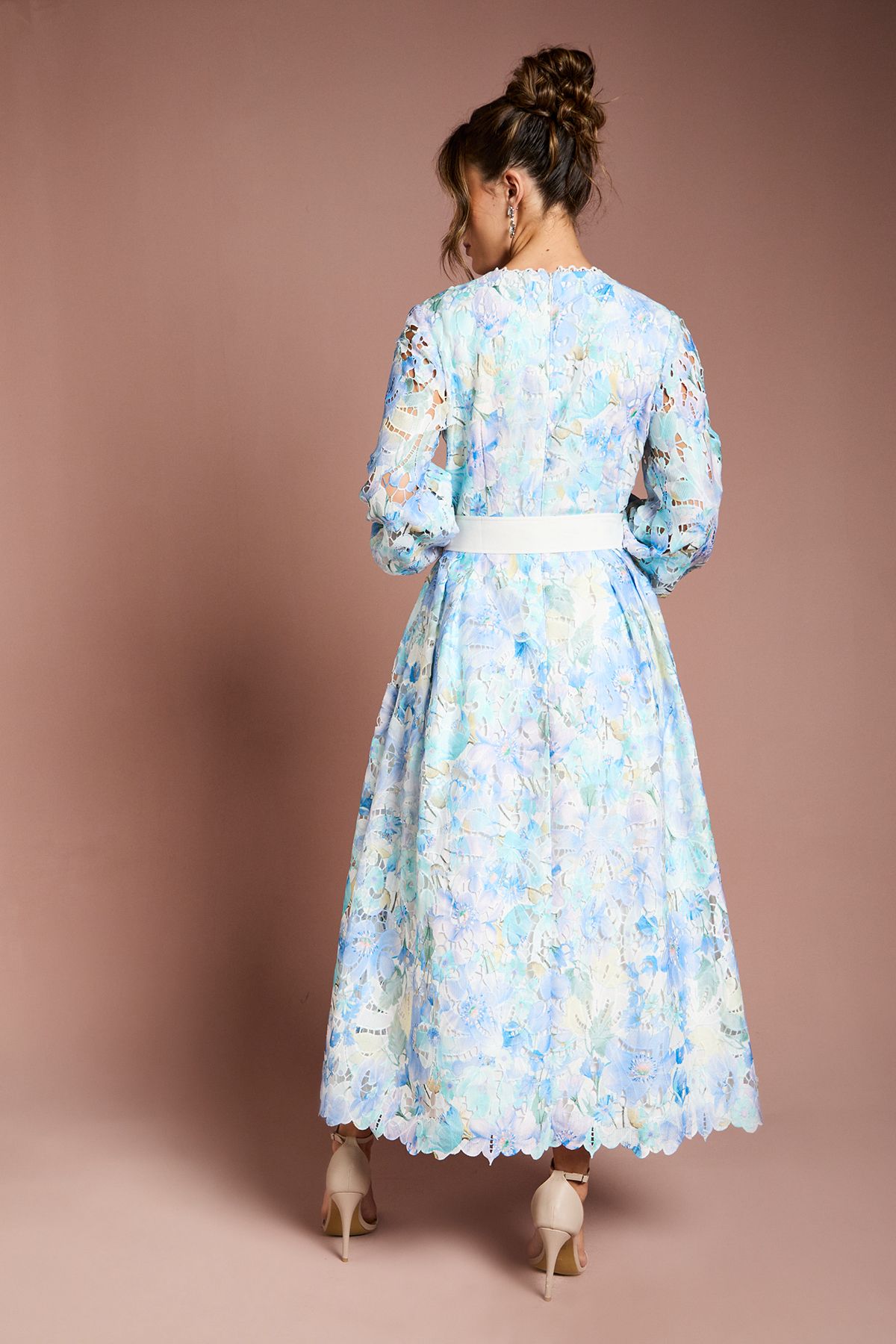 Coast Printed Lace Blouson Sleeve Belted Midi Dress Light Blue image 3