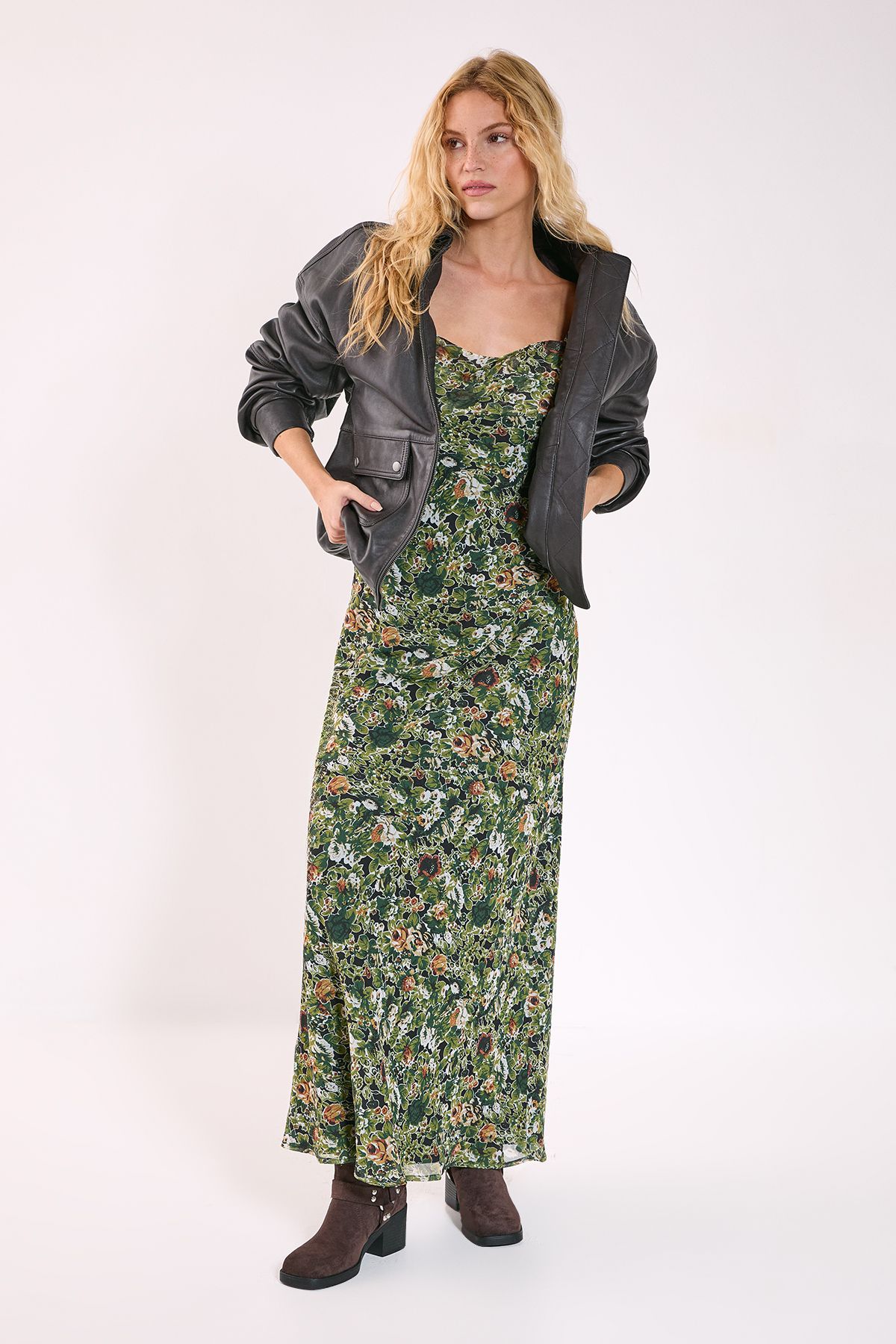 NastyGal Floral Chiffon Cowl Ruffle Split Maxi Dress Green image 1