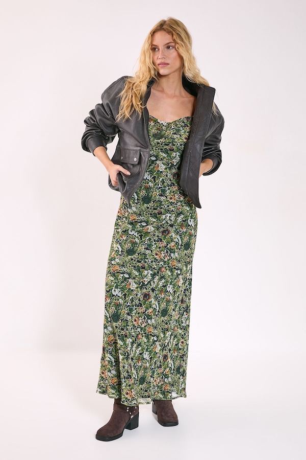 NastyGal Floral Chiffon Cowl Ruffle Split Maxi Dress Green