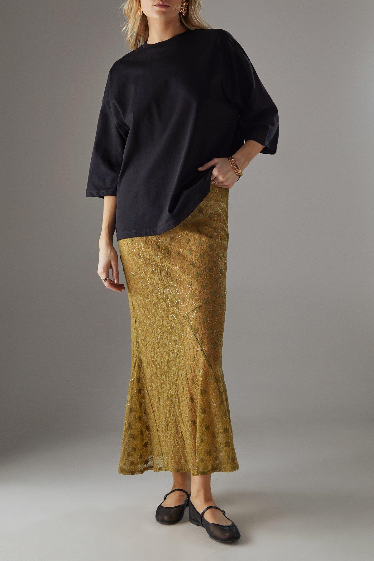 Warehouse Sheer Lace Fishtail Maxi Skirt Khaki image 3