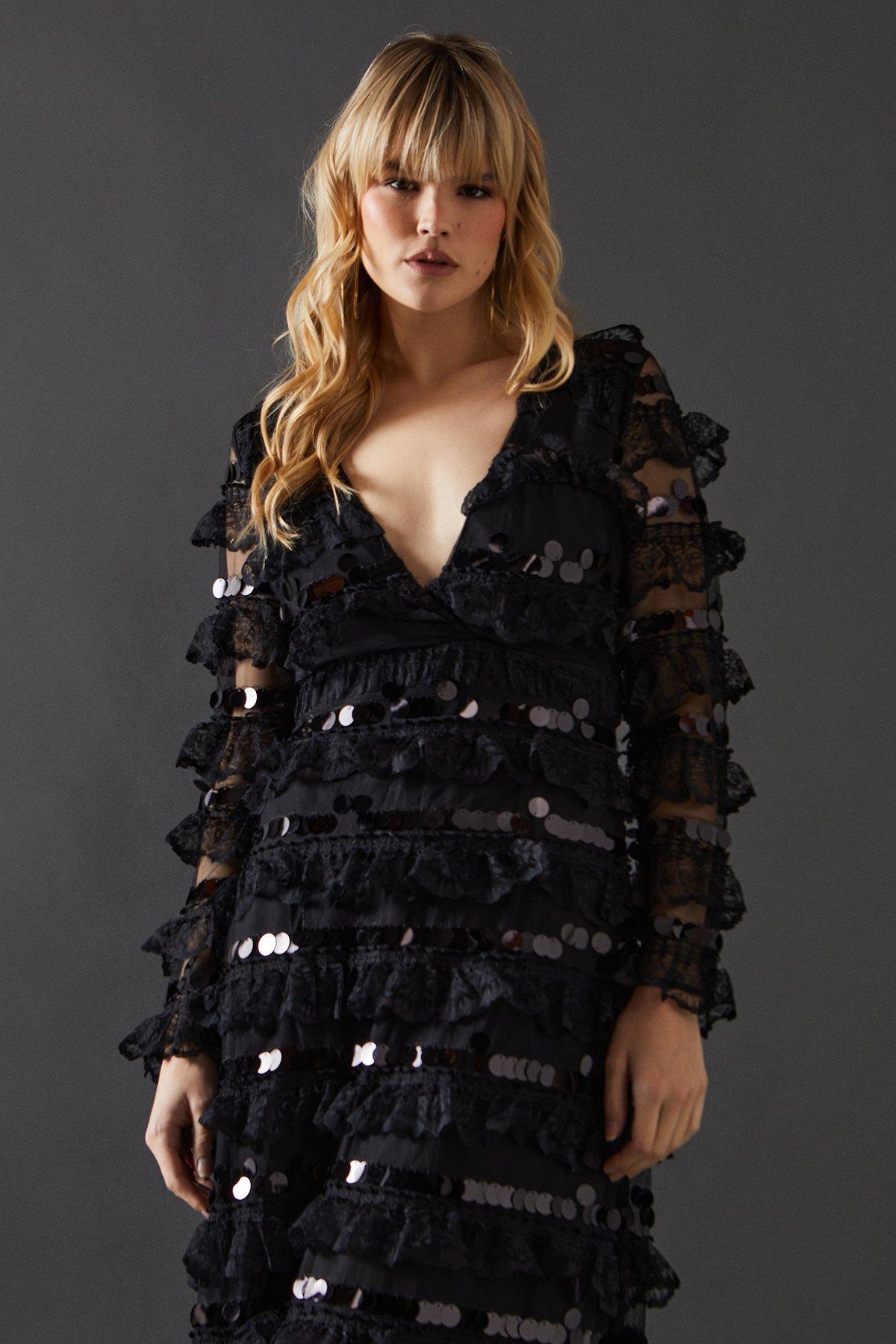 Warehouse Black Premium Lace Sequin Frill Tier Plunge Neck Maxi