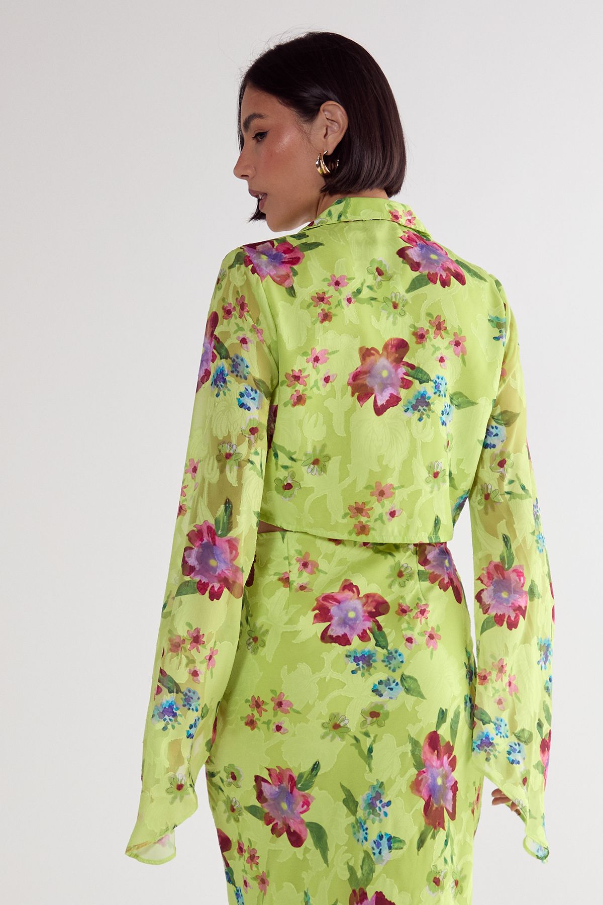 NastyGal Floral Burnout Tie Front Fluted Sleeve Crop Top Lime image 4