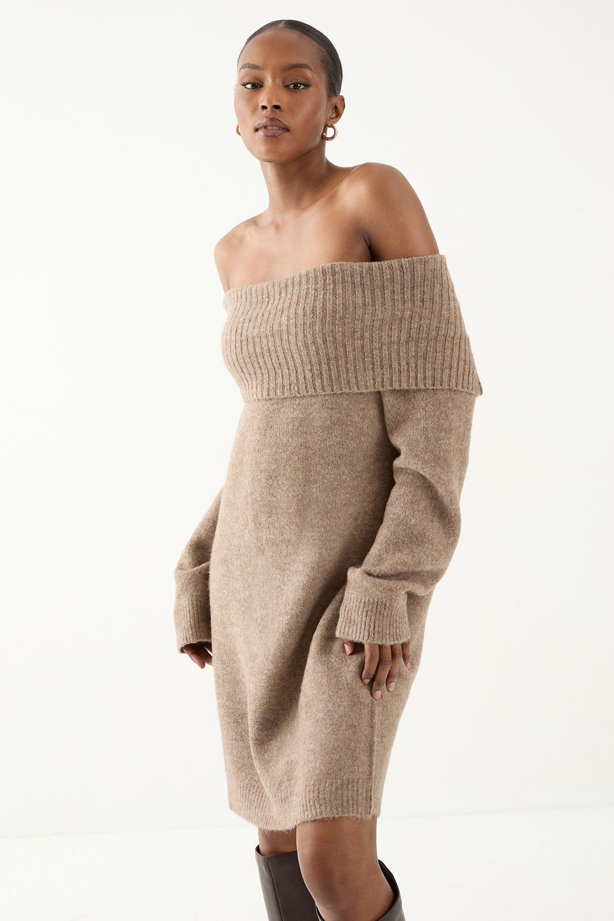 MissPap Premium Knit Bardot Foldover Jumper Dress Mocha image 2