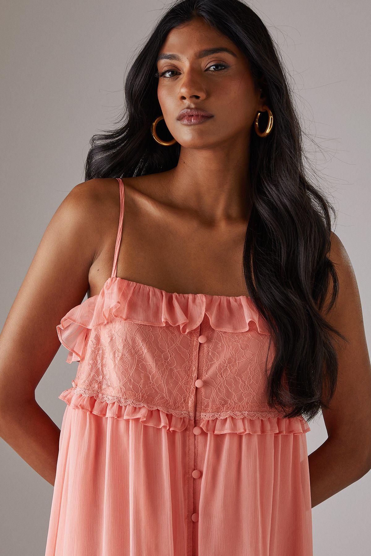 Warehouse Lace Ruffle Strappy Midi Sundress Peach image 2