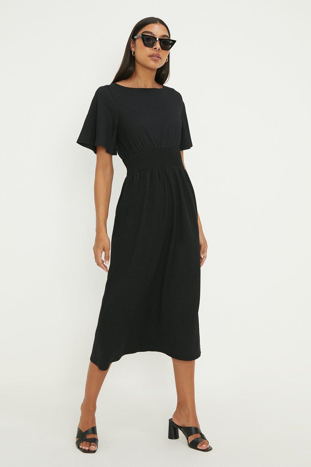 Dorothy Perkins Black Black Shirred Waist Short Sleeve Midi Dress