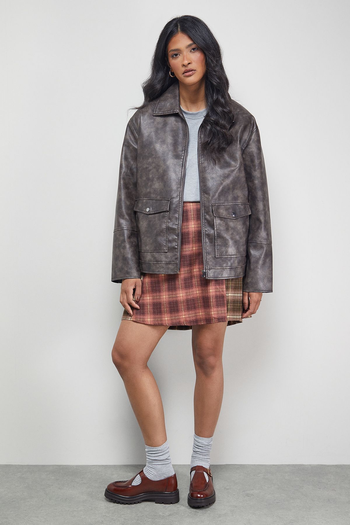 Warehouse Mixed Check Buckle Side Pleat Awkward Length Skirt Multi