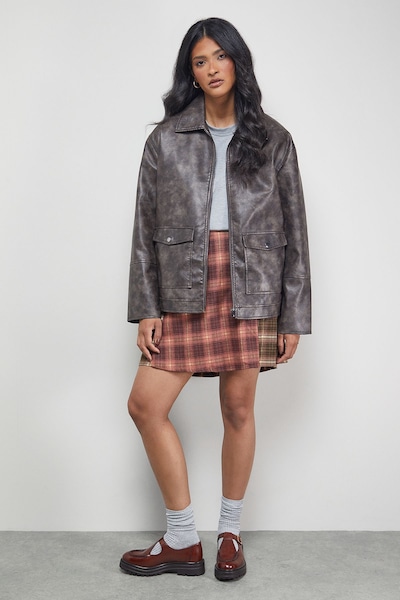 Warehouse Mixed Check Buckle Side Pleat Awkward Length Skirt Multi