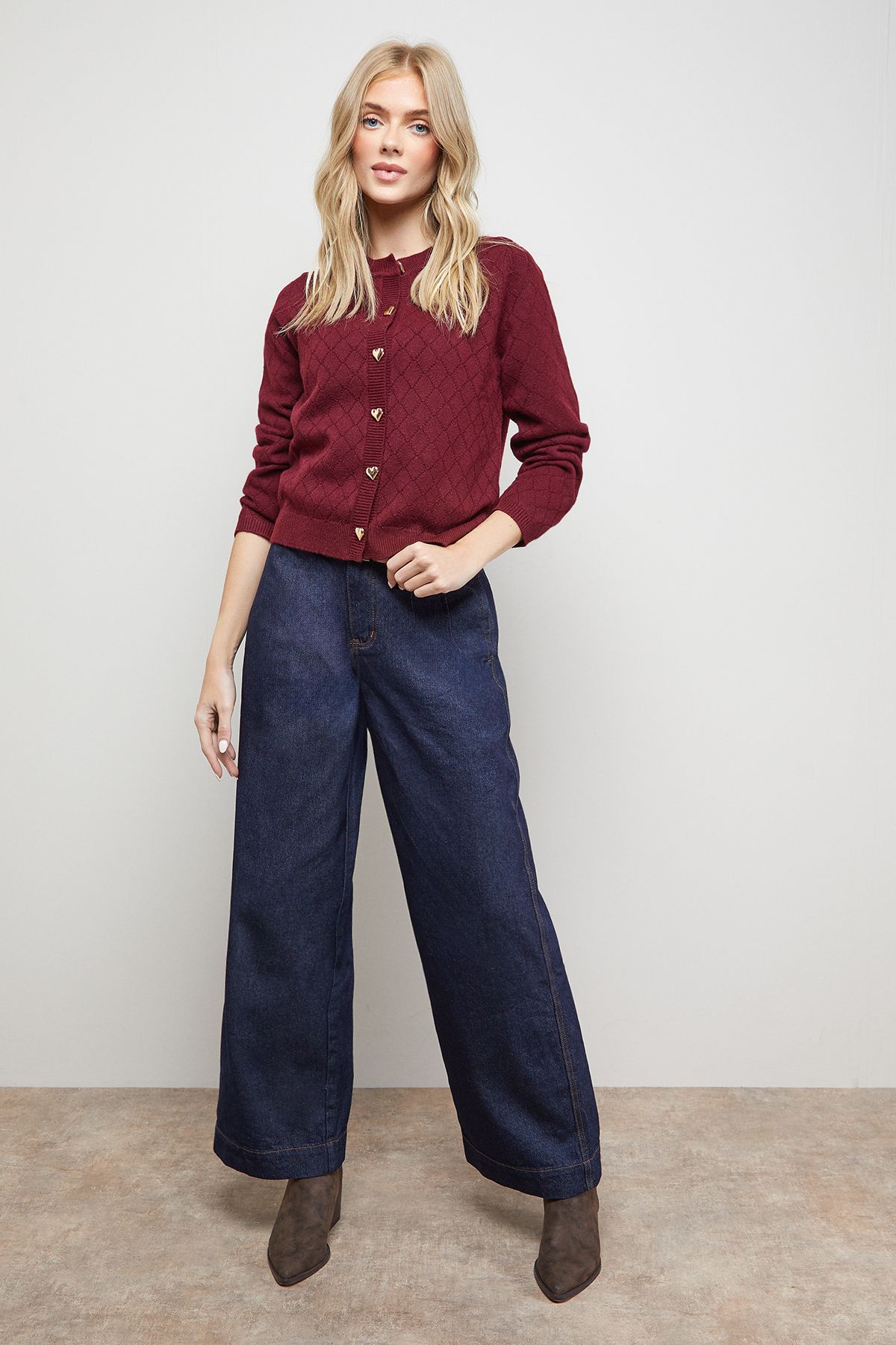 Oasis Heart Button Crew Neck Cardigan Cherry image 2